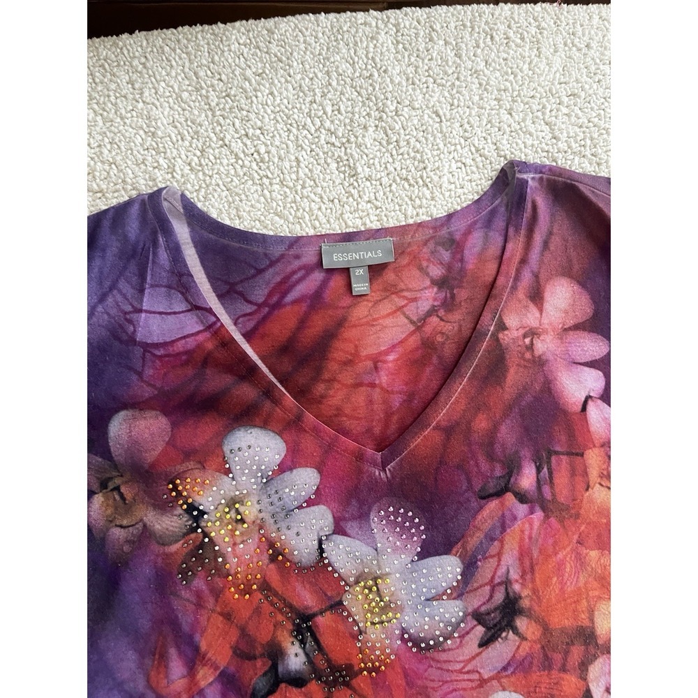 Essentials Plus Size 2X Purple Floral V-Neck Top Glitter Rhinestone Fairycore - Picture 9 of 9